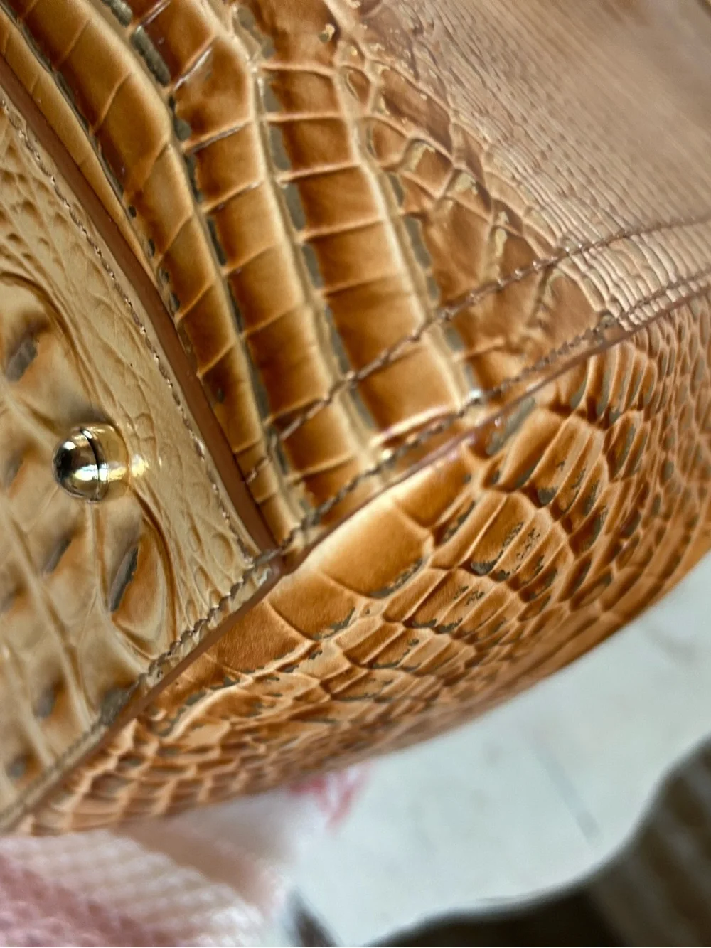 BRAHMIN FINLEY Driftwood Tan Metallic Croc-Embossed Satchel Tote Bag Office
